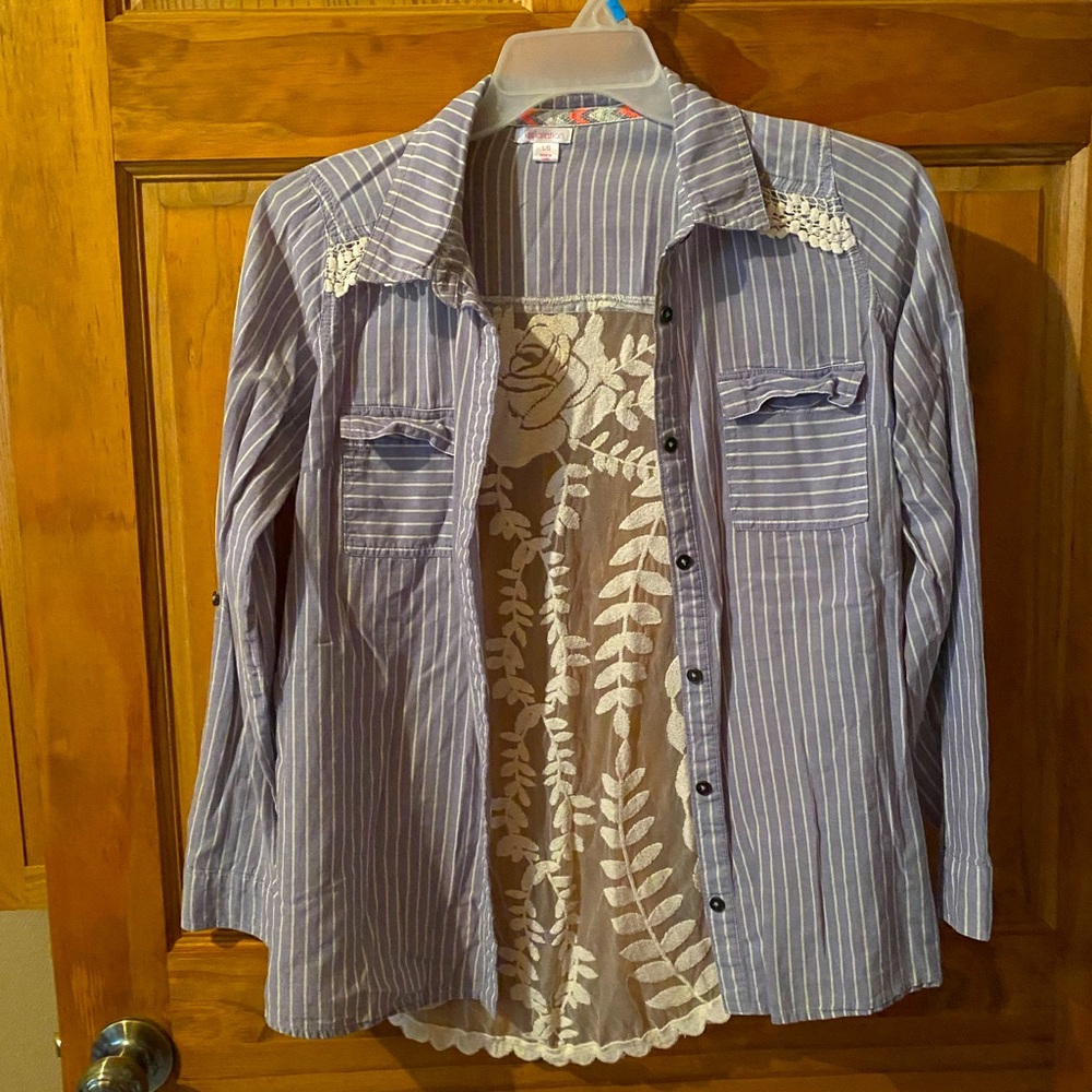 Blue and white striped button down with lace back